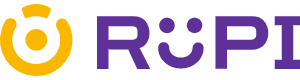 Logo Rupi - nazwa RUPI z symbolem przed nazwą i uśmiechniętą buźką zamiast „u”.